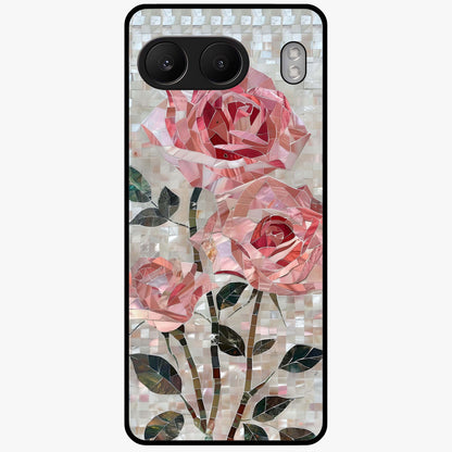 Blush Mosaic Bloom Glass Case for 1+Nord 4 artistic front view featuring mosaic style floral artwork