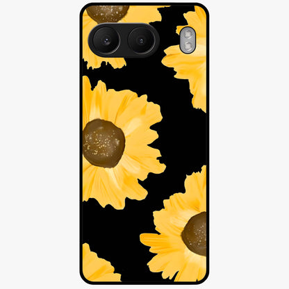 Bold Sunflowers Glow Glass Case for 1+Nord 4 vibrant front view featuring radiant sunflower artwork with warm golden tones
