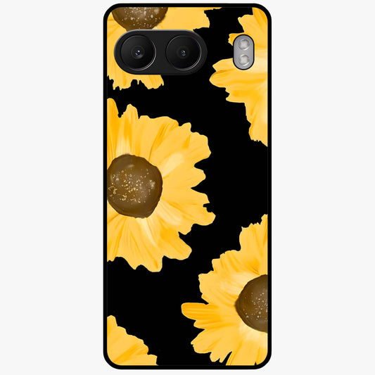Bold Sunflowers Glow Glass Case for 1+Nord 4 vibrant front view featuring radiant sunflower artwork with warm golden tones