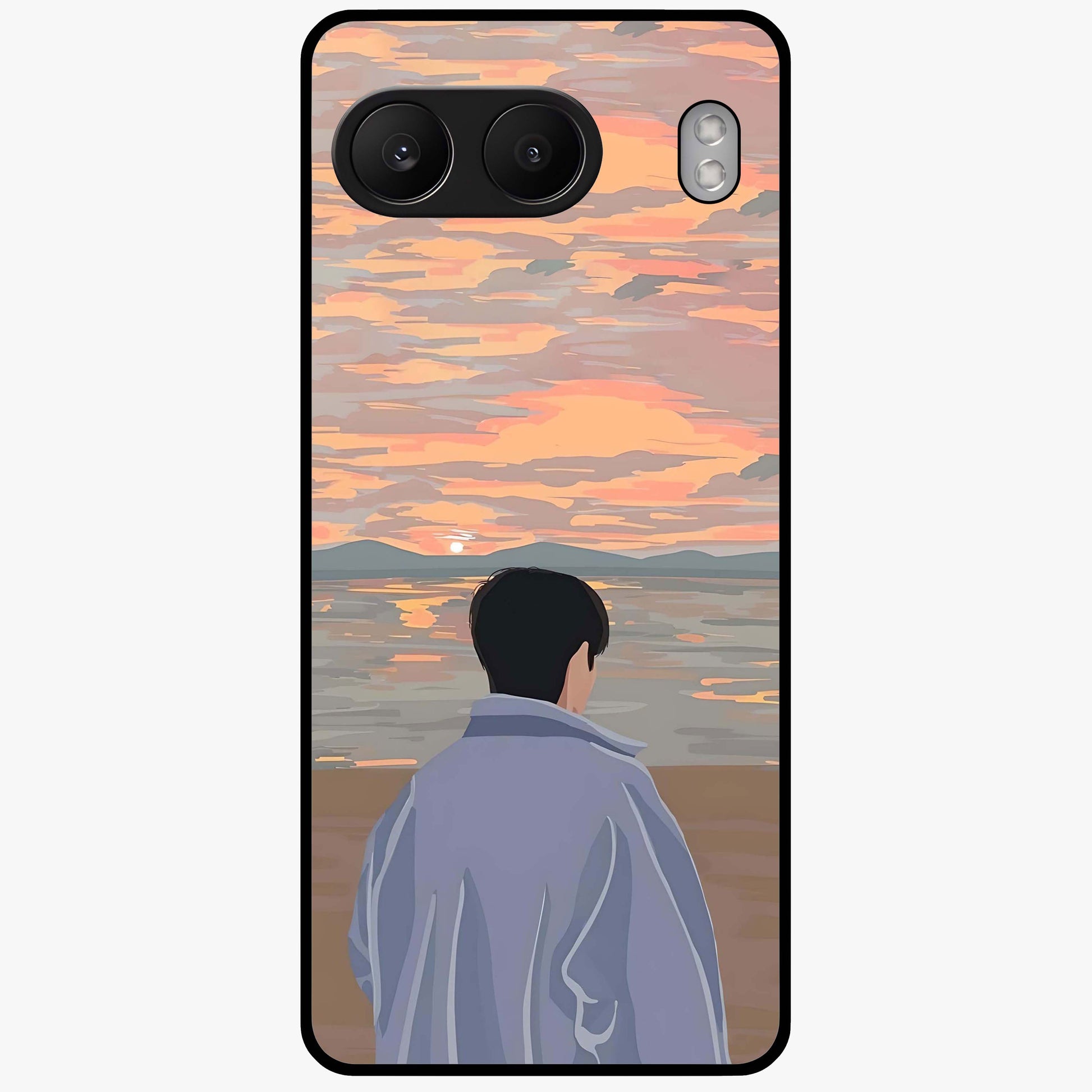 Boy Facing Sunset Beach Glass Case for 1+Nord 4 scenic front view featuring silhouette artwork against glowing sunset sky