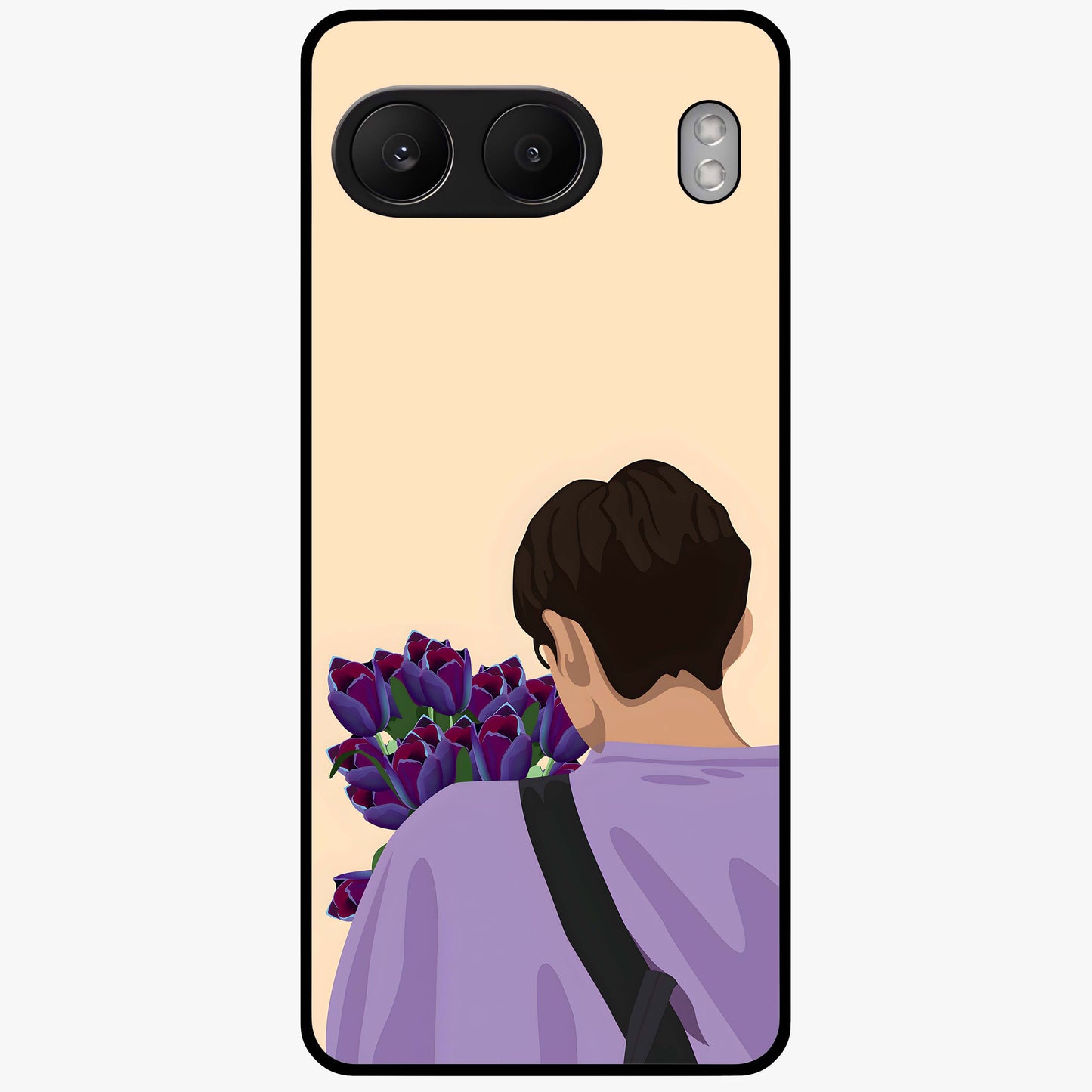 Boy Holding Flowers Glass Case for 1+Nord 4 aesthetic front view featuring soft illustrated character holding floral bouquet