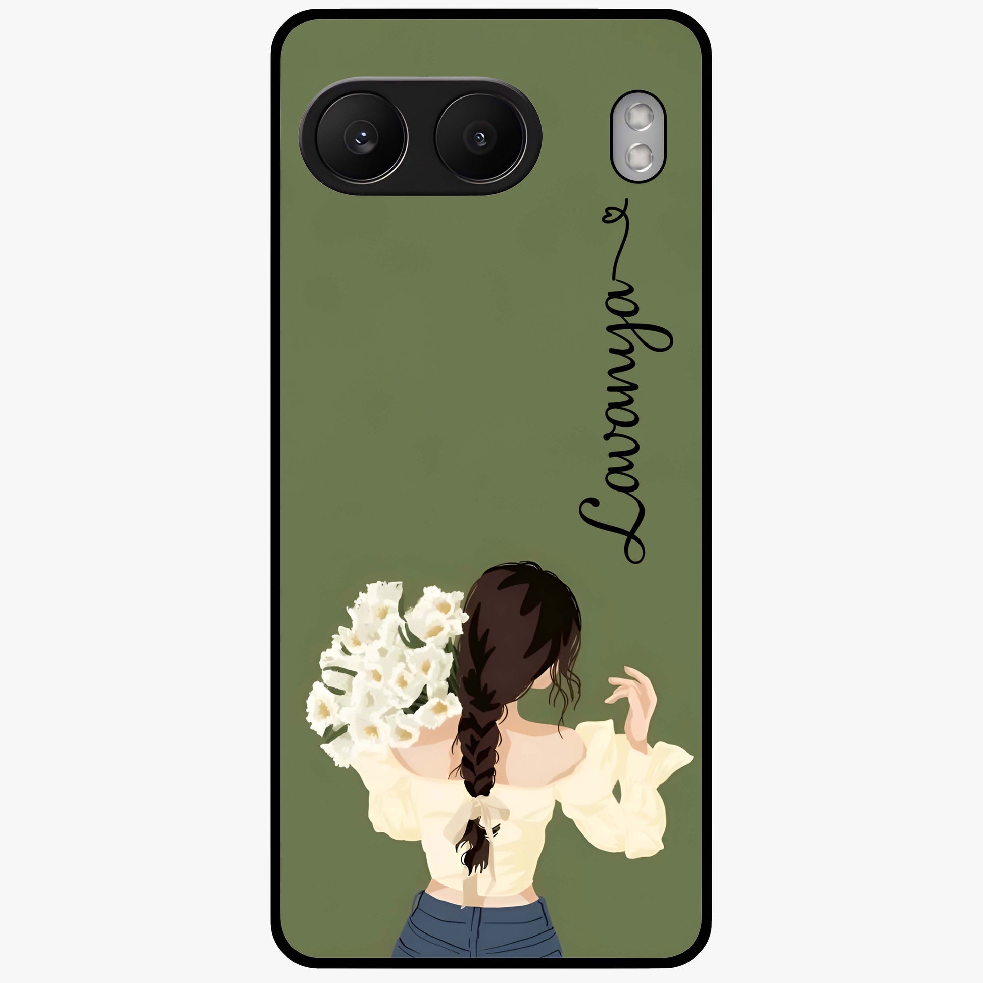 Braided Spring Beauty With Custom Name Glass Case for 1+Nord 4 elegant front view featuring braided floral artwork with personalized name design