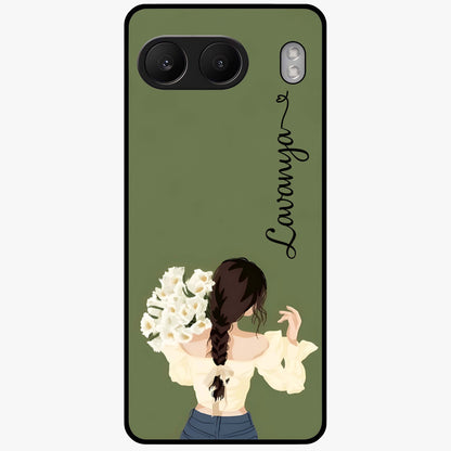 Braided Spring Beauty With Custom Name Glass Case for 1+Nord 4 elegant front view featuring braided floral artwork with personalized name design