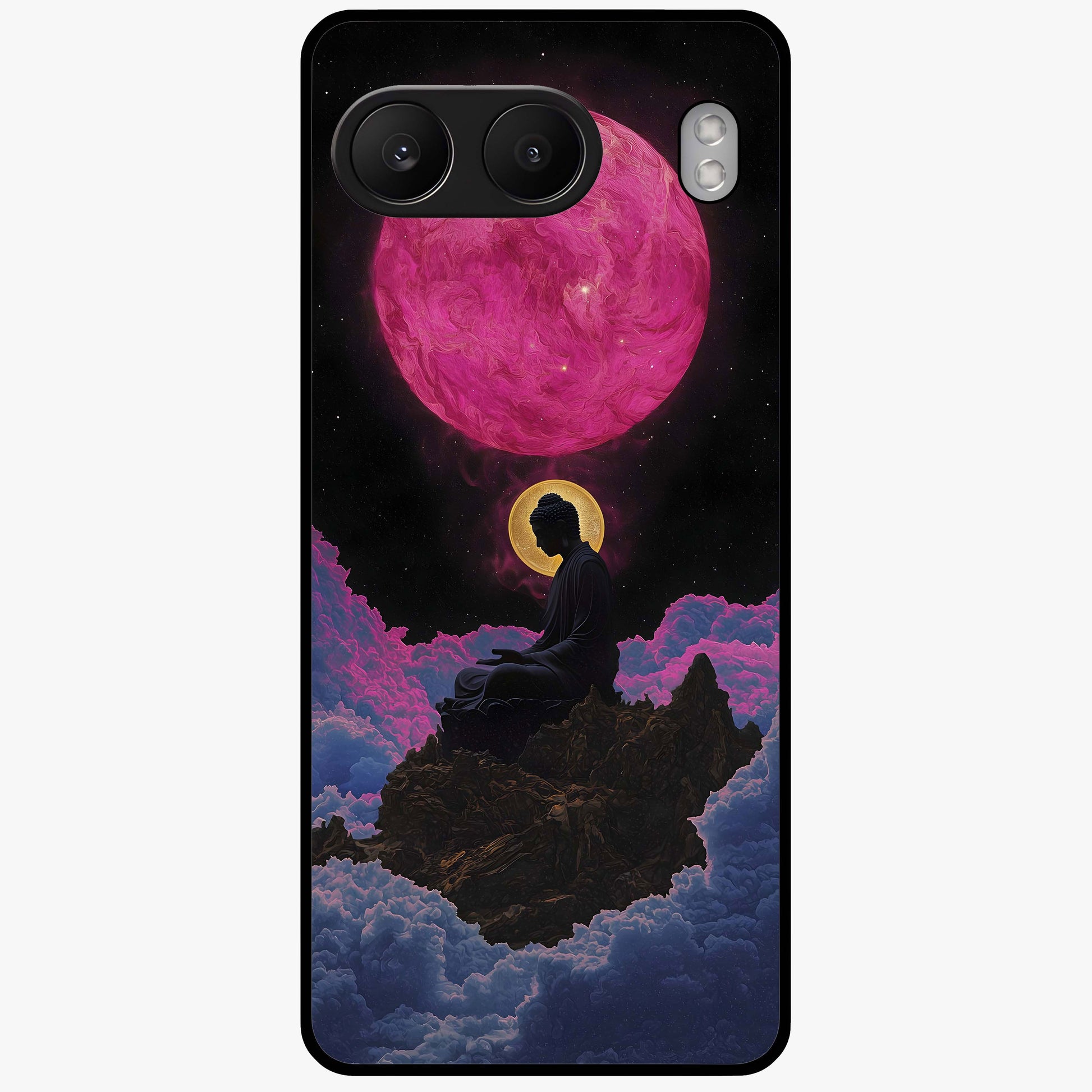 Buddha and Planets Glass Case for 1+Nord 4 serene front view featuring Buddha artwork with cosmic planetary background