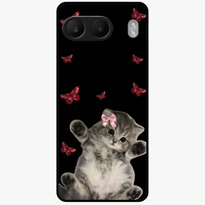 Butterfly Cat Bliss Glass Case for 1+Nord 4 charming front view featuring cat and butterfly aesthetic artwork