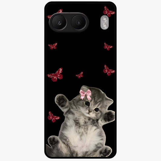 Butterfly Cat Bliss Glass Case for 1+Nord 4 charming front view featuring cat and butterfly aesthetic artwork