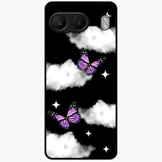 Butterfly Night Drift Glass Case for 1+Nord 4 dreamy front view featuring butterfly artwork with dark night inspired tones