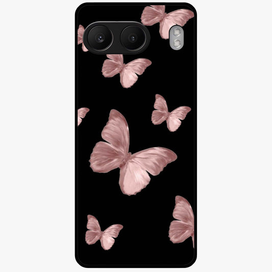 Butterfly Pattern Glass Case for 1+Nord 4 elegant front view featuring repeating butterfly artwork with aesthetic detailing