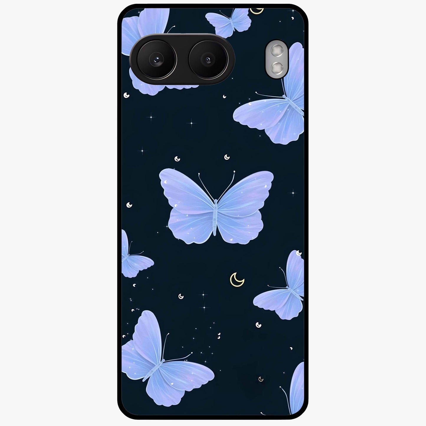 Butterfly With Stars Pattern Glass Case for 1+Nord 4 dreamy front view featuring butterfly artwork with star accents