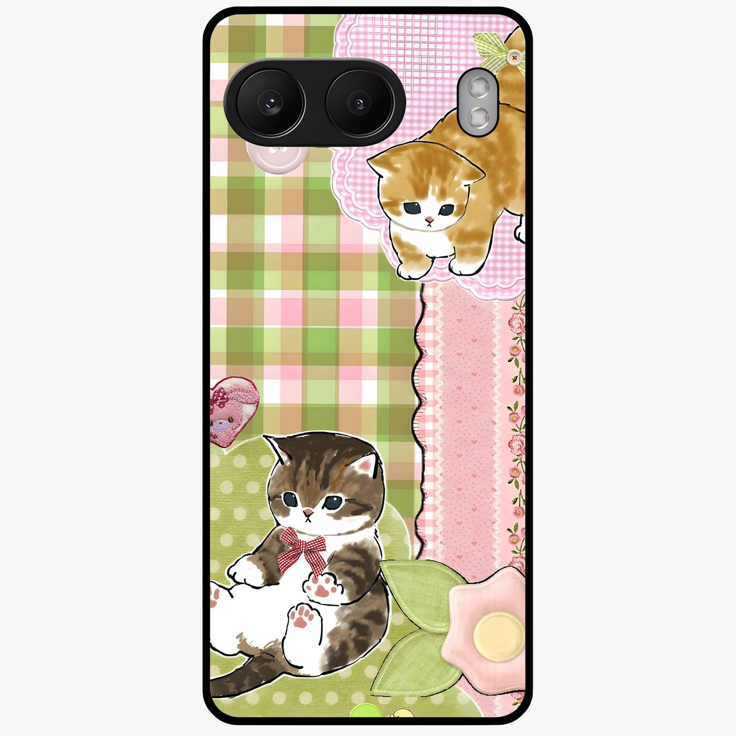 Cats Sweet Button Glass Case for 1+Nord 4 adorable front view featuring cute cat artwork with sweet pastel tones