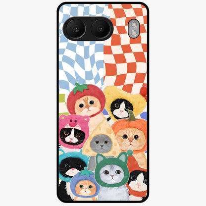 Cats in Fruits Glass Case for 1+Nord 4 playful front view featuring cute cat illustrations with vibrant fruit artwork