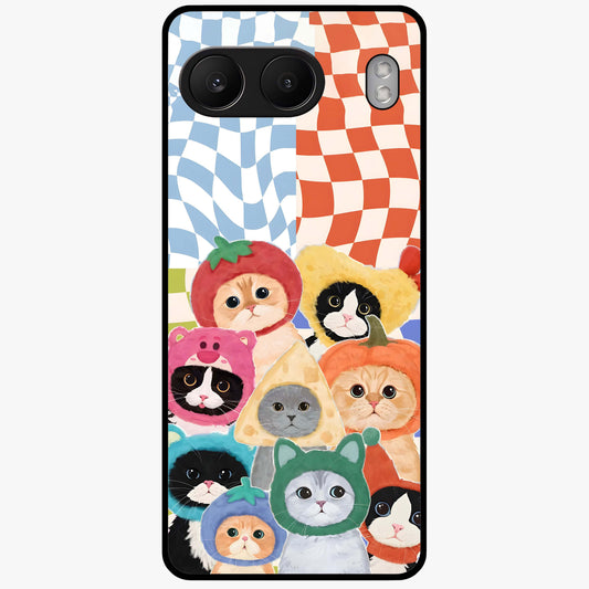 Cats in Fruits Glass Case for 1+Nord 4 playful front view featuring cute cat illustrations with vibrant fruit artwork