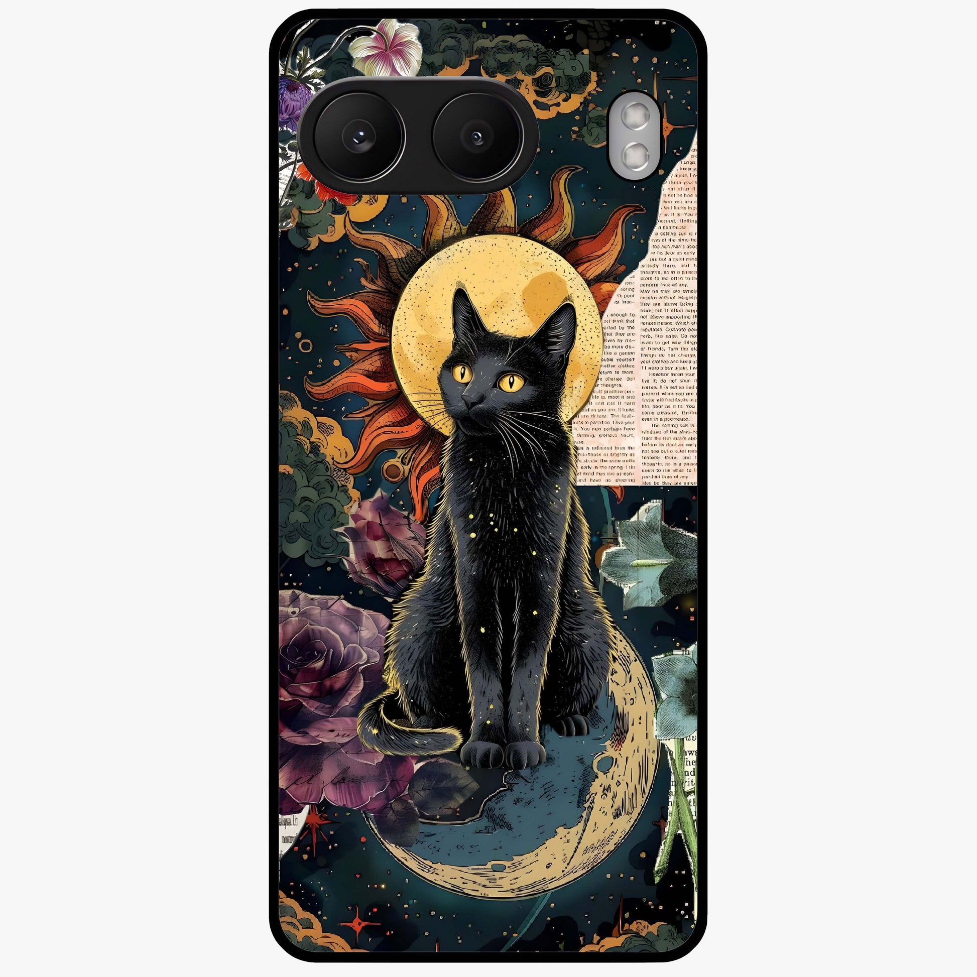 Celestial Black Cat Glass Case for 1+Nord 4 mystical front view featuring black cat artwork with cosmic background