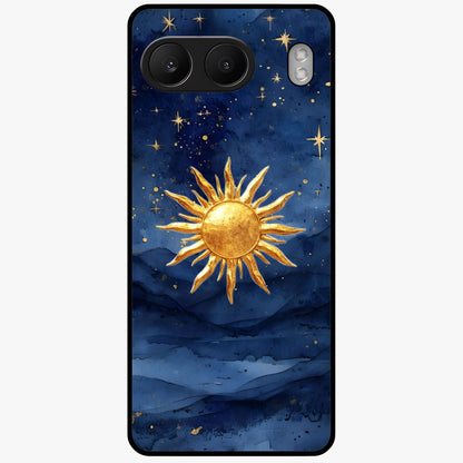 Celestial Blue Glow Glass Case for 1+Nord 4 radiant front view featuring glowing blue cosmic artwork