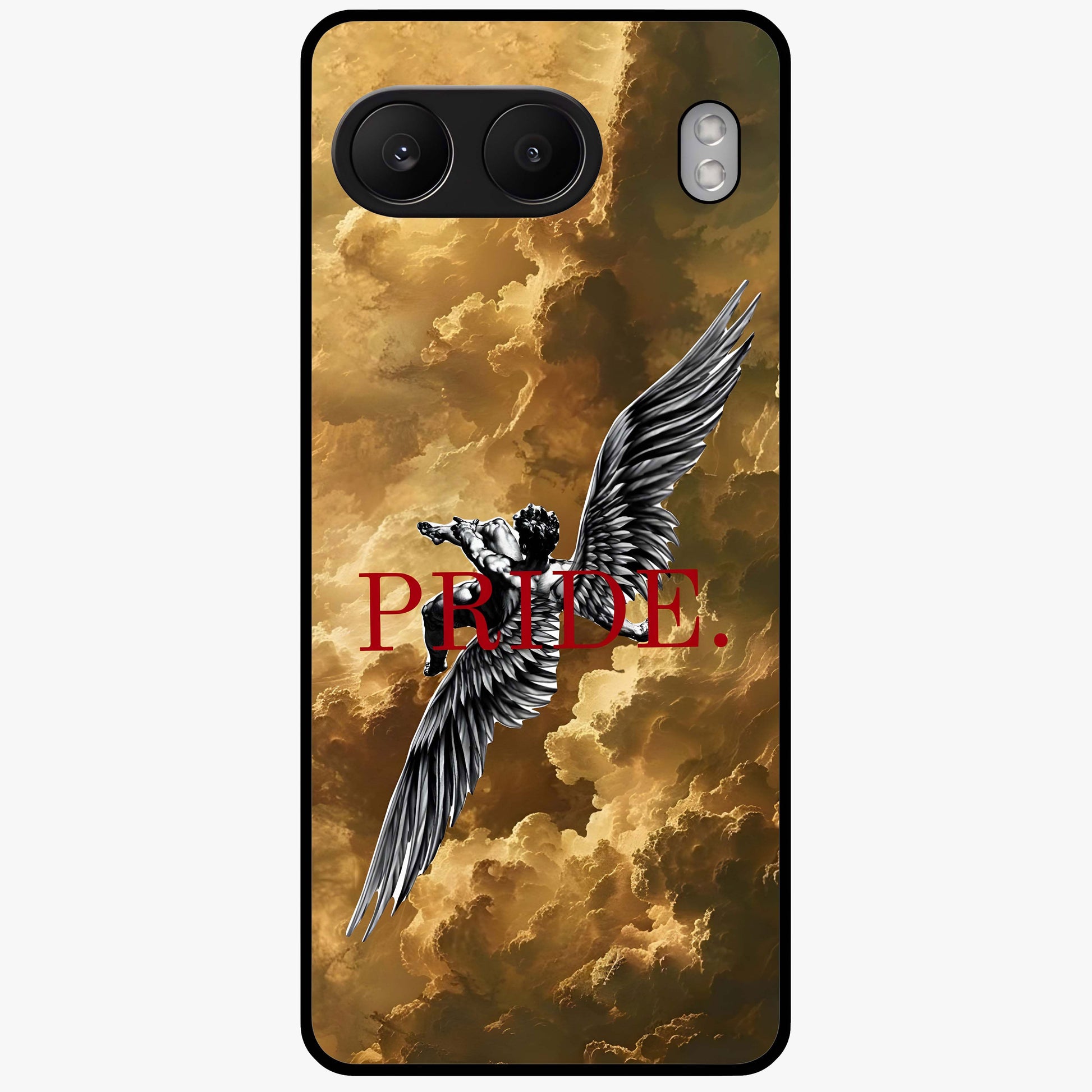 Celestial Fallen Pride Glass Case for 1+Nord 4 bold front view featuring dramatic cosmic artwork with dark celestial tones