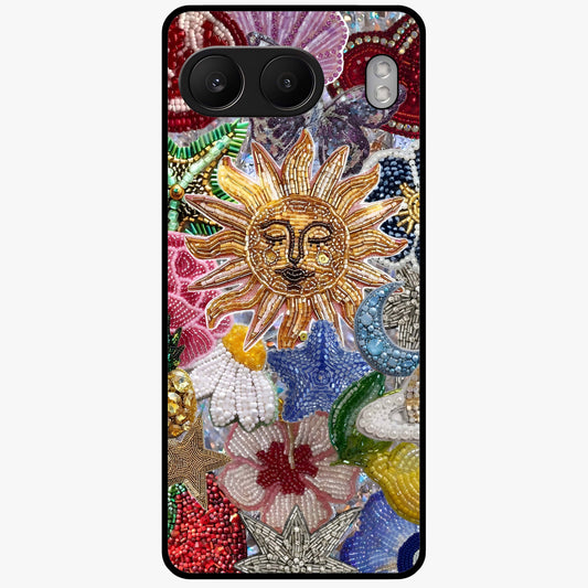 Celestial Floral and Playful Glass Case for 1+Nord 4 vibrant front view featuring floral artwork blended with cosmic elements