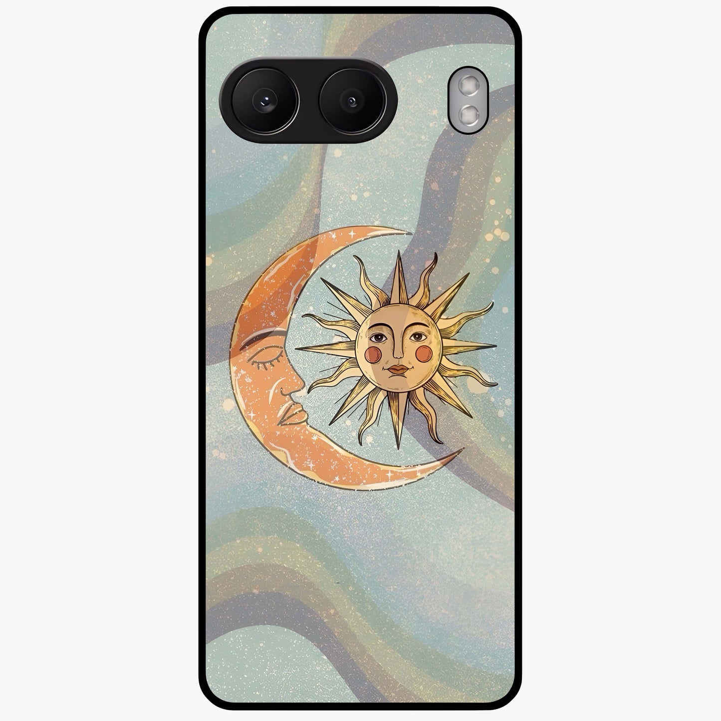 Celestial Harmony Vibes Glass Case for 1+Nord 4 serene front view featuring balanced cosmic artwork with calming tones