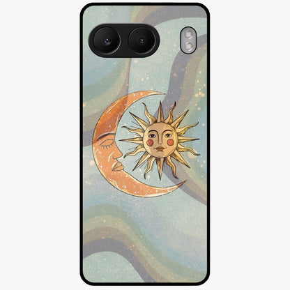 Celestial Harmony Vibes Glass Case for 1+Nord 4 serene front view featuring balanced cosmic artwork with calming tones