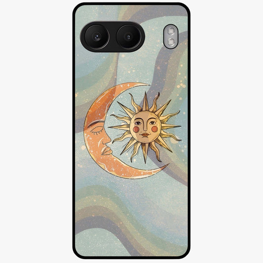 Celestial Harmony Vibes Glass Case for 1+Nord 4 serene front view featuring balanced cosmic artwork with calming tones