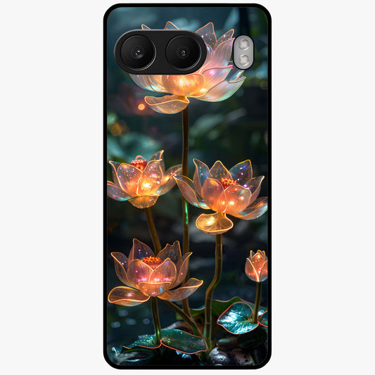 Celestial Lotus Light Glass Case for 1+Nord 4 peaceful front view featuring glowing lotus artwork with cosmic backdrop