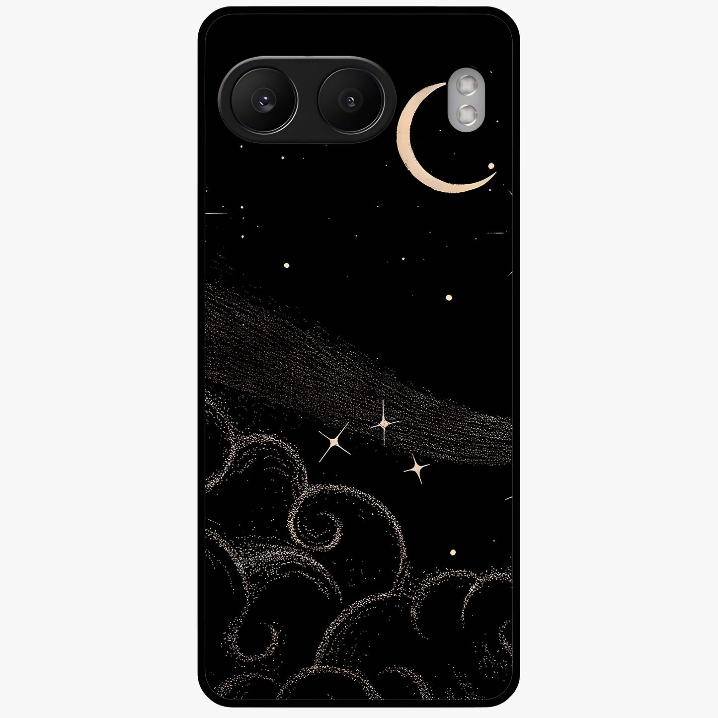 Celestial Midnight Veil Glass Case for 1+Nord 4 dramatic front view featuring deep midnight sky artwork