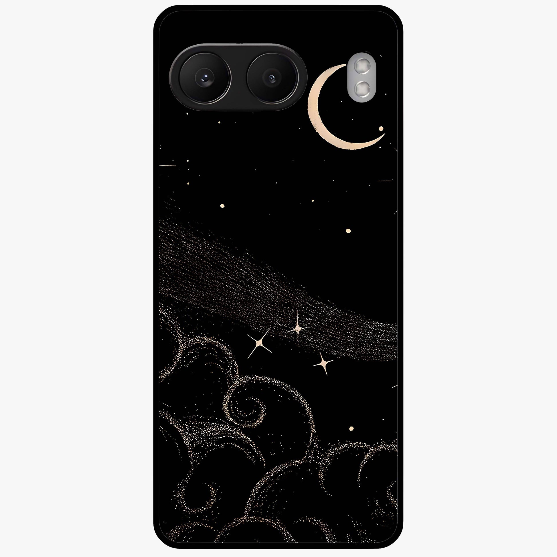 Celestial Midnight Veil Glass Case for 1+Nord 4 dramatic front view featuring deep midnight sky artwork