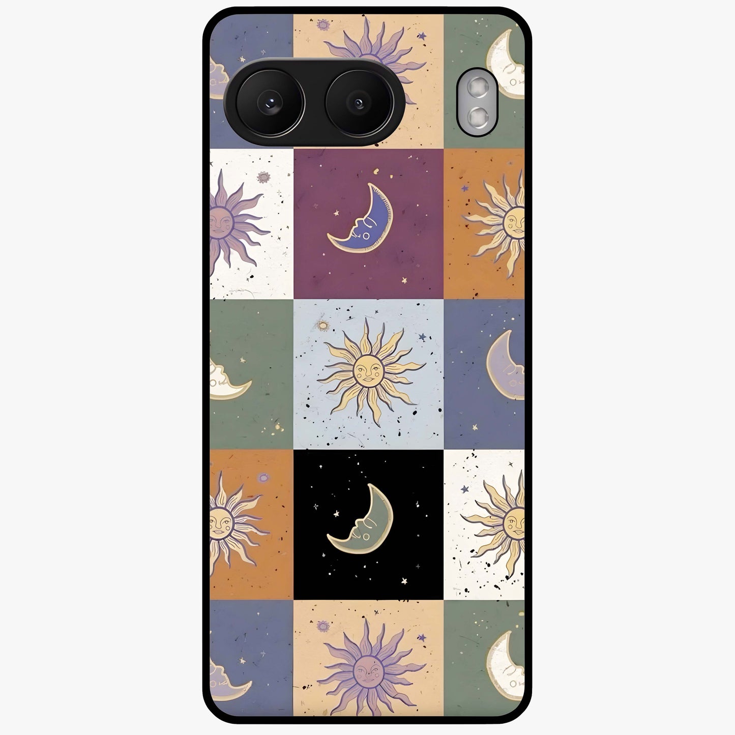 Celestial Patchwork Dreams Glass Case for 1+Nord 4 dreamy front view featuring patchwork style cosmic artwork
