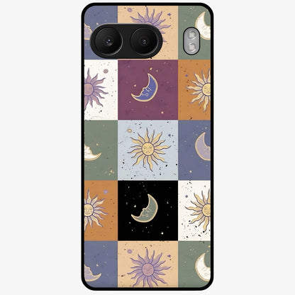 Celestial Patchwork Dreams Glass Case for 1+Nord 4 dreamy front view featuring patchwork style cosmic artwork