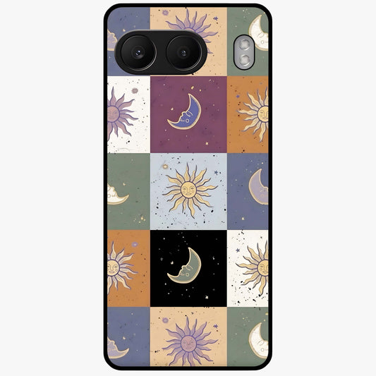 Celestial Patchwork Dreams Glass Case for 1+Nord 4 dreamy front view featuring patchwork style cosmic artwork