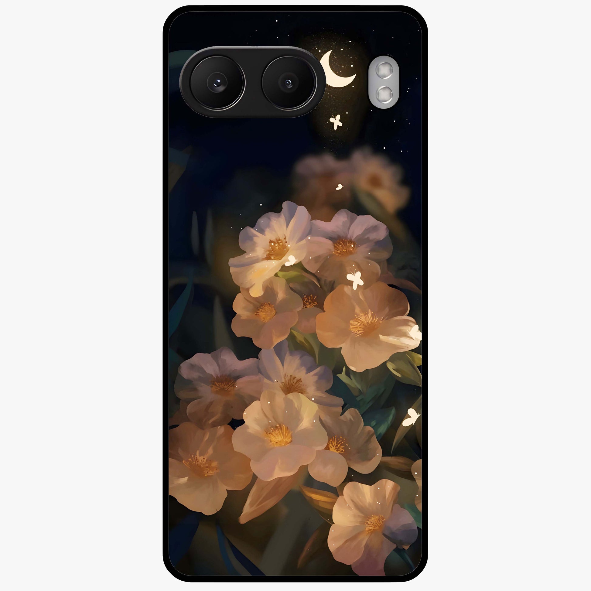 Celestial Petal Night Glass Case for 1+Nord 4 elegant front view featuring floral petals against dark night sky tones