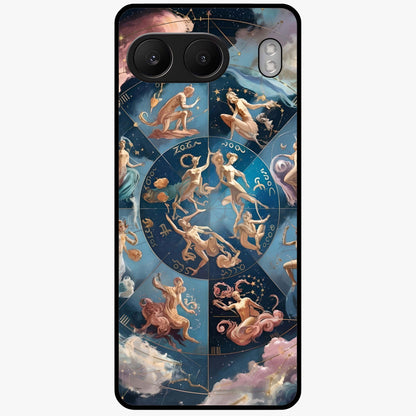 Celestial Signs Dance Glass Case for 1+Nord 4 artistic front view featuring zodiac inspired celestial symbol artwork