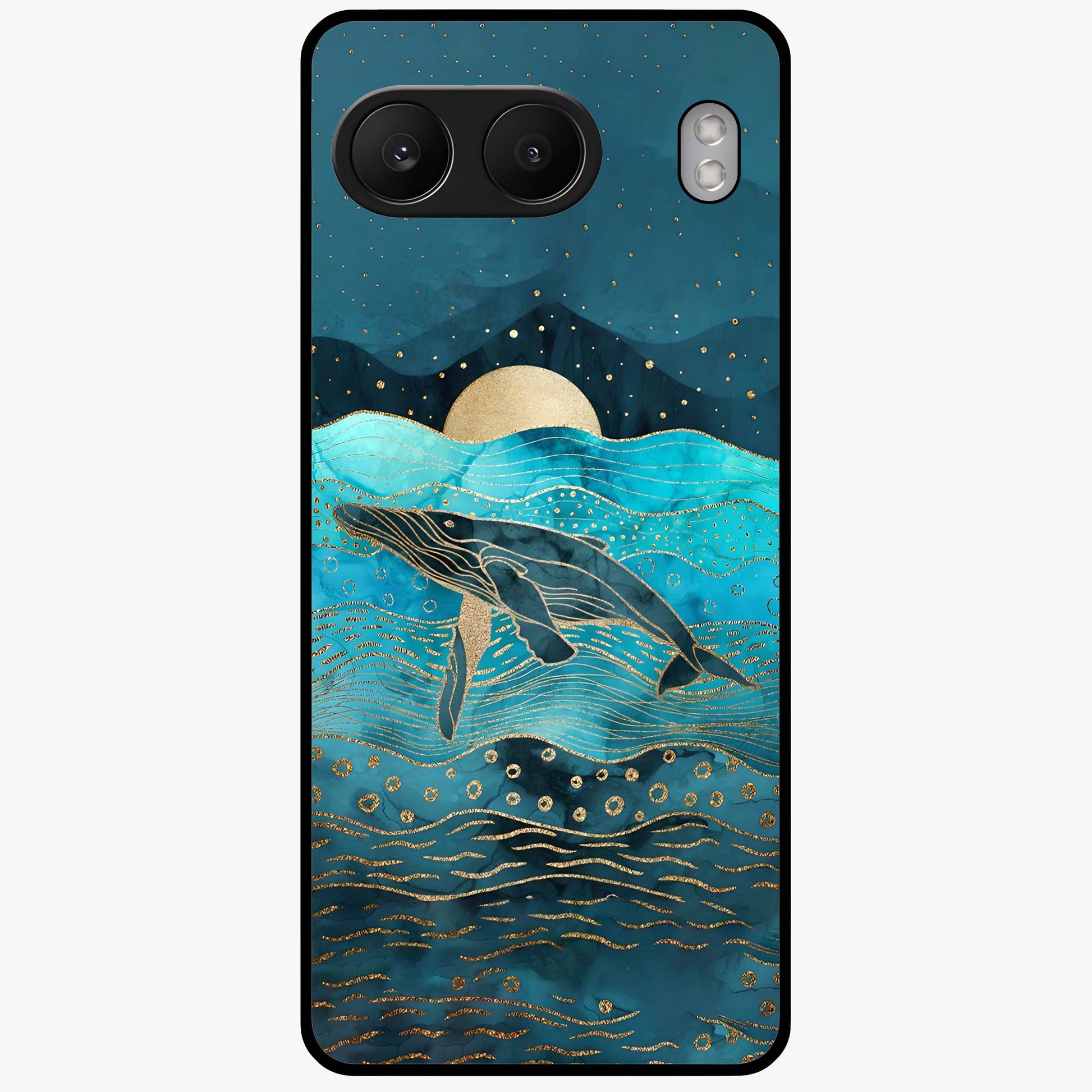 Celestial Whale Voyage Glass Case for 1+Nord 4 dreamy front view featuring whale artwork against cosmic sky backdrop