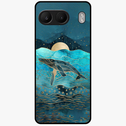 Celestial Whale Voyage Glass Case for 1+Nord 4 dreamy front view featuring whale artwork against cosmic sky backdrop