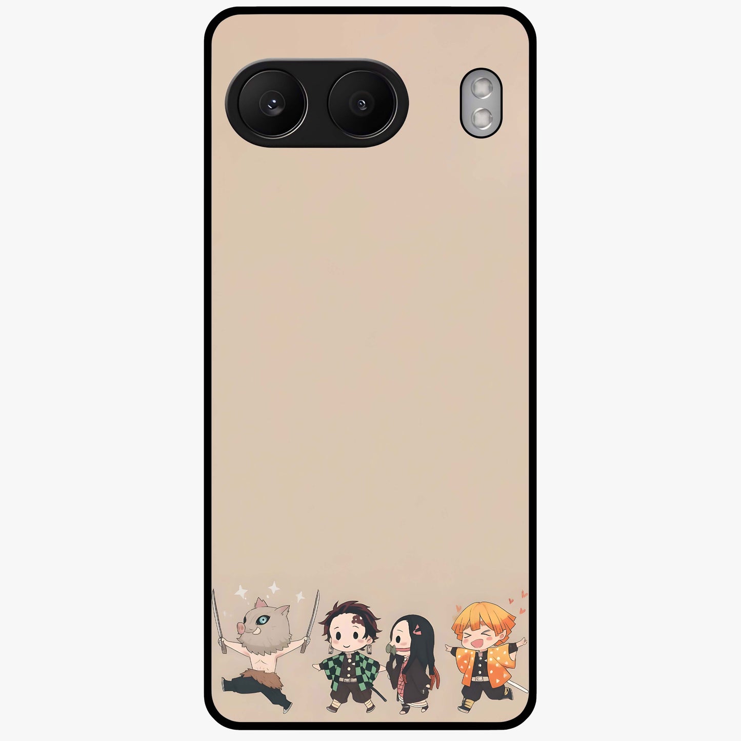 Chibi Demon Squad Glass Case for 1+Nord 4 playful front view featuring chibi style character artwork