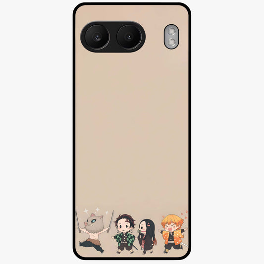 Chibi Demon Squad Glass Case for 1+Nord 4 playful front view featuring chibi style character artwork