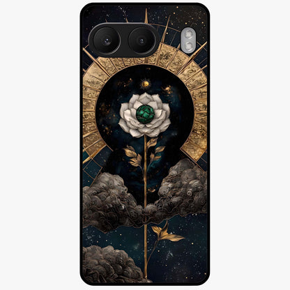Cosmic Bloom Rose Glass Case for 1+Nord 4 elegant front view featuring rose artwork blended with cosmic background