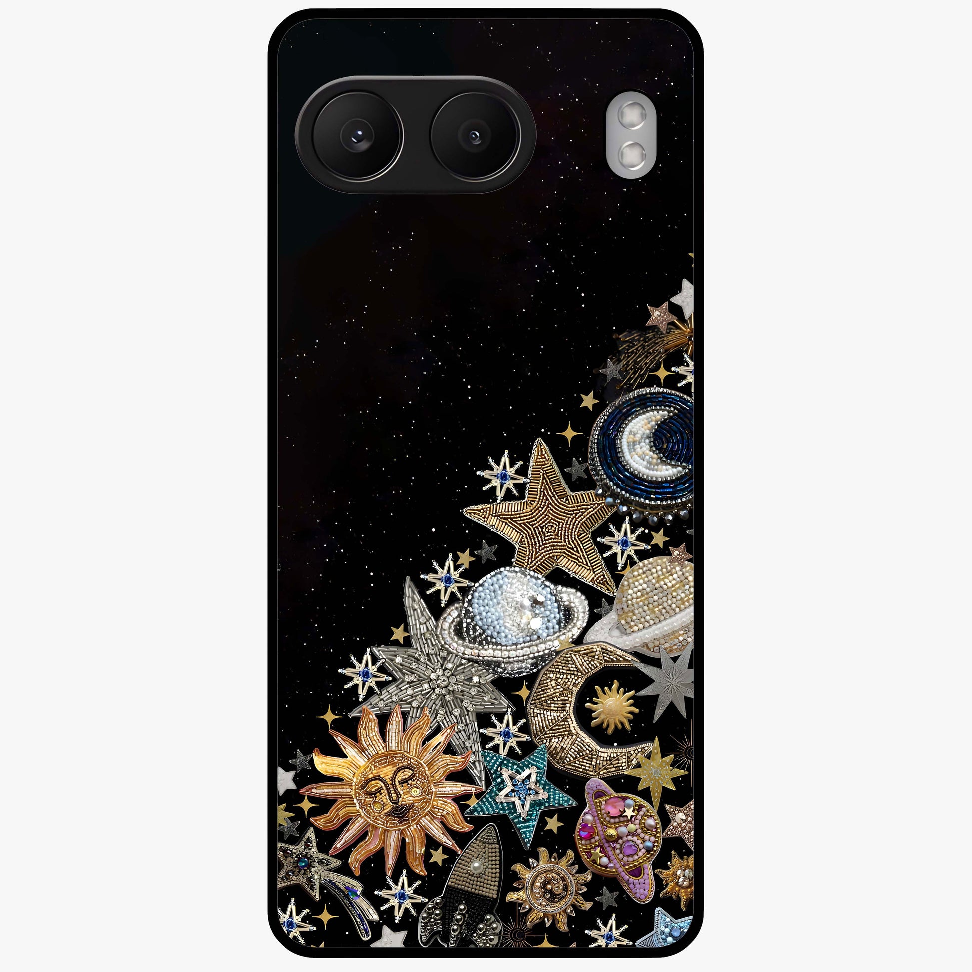 Cosmic Sparkle Dreams Glass Case for 1+Nord 4 magical front view featuring sparkling star artwork with dreamy gradients