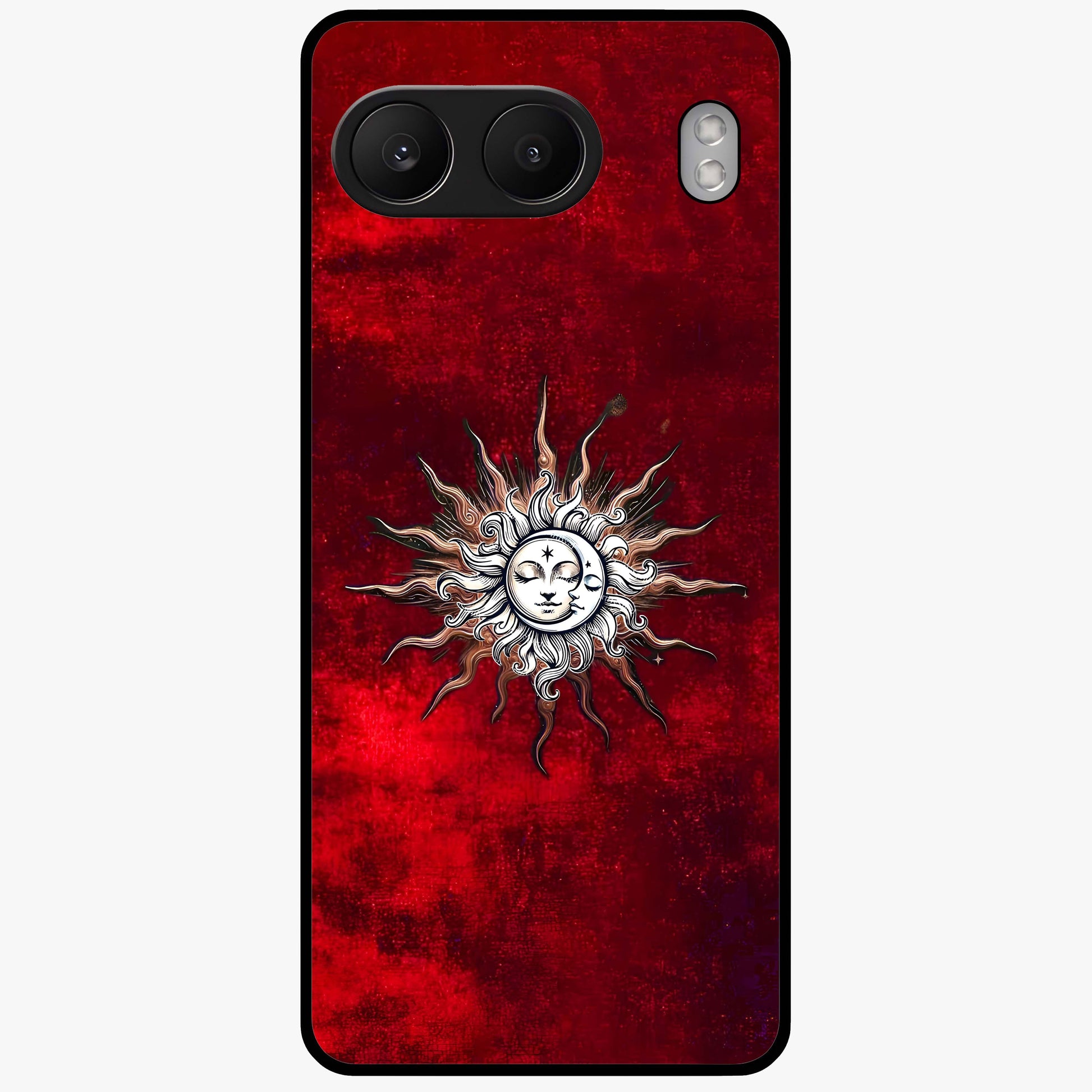 Cosmic Twin Eclipse Glass Case for 1+Nord 4 dramatic front view featuring dual eclipse artwork with deep space tones