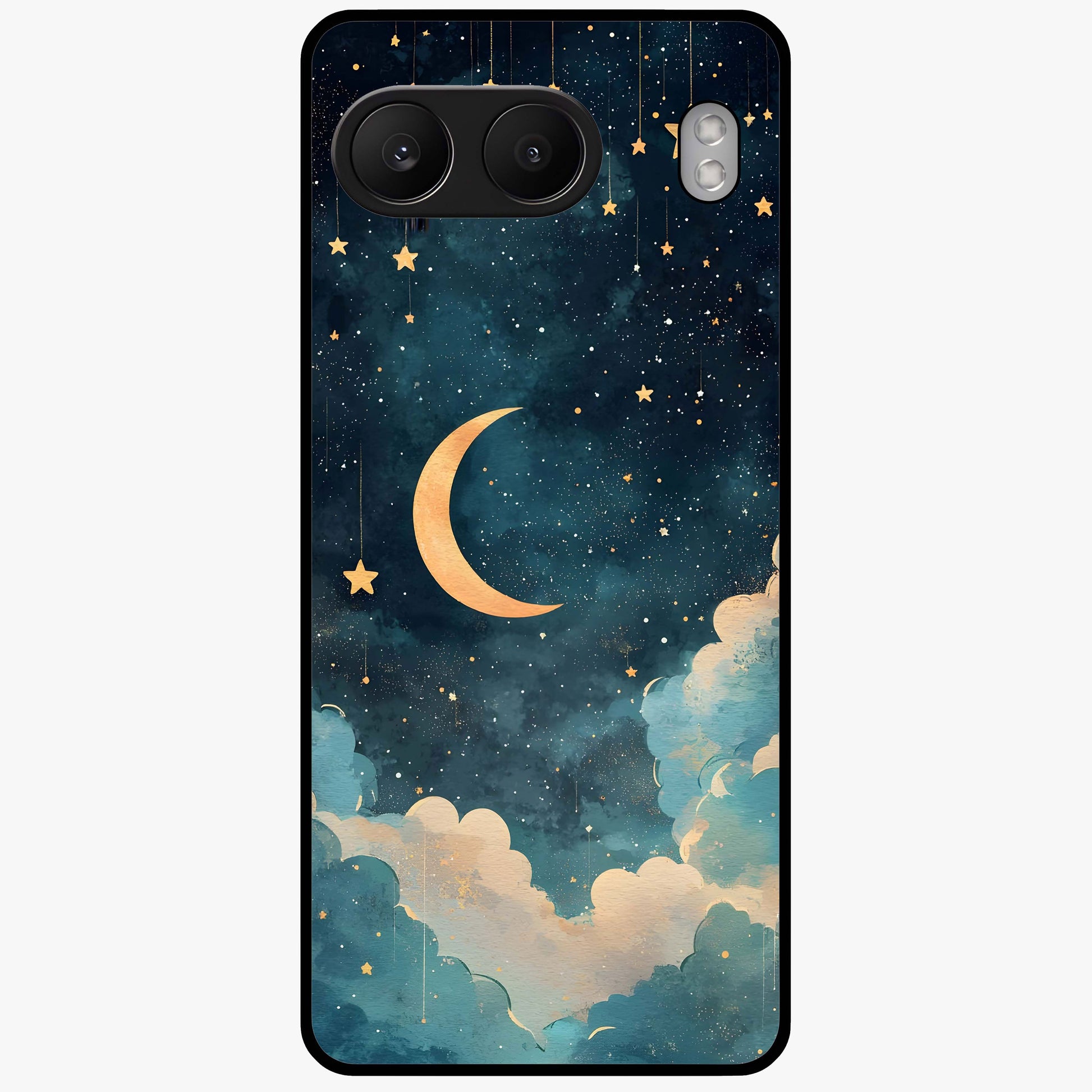Crescent Galaxy Moon Glass Case for 1+Nord 4 mystical front view featuring crescent moon artwork with cosmic background
