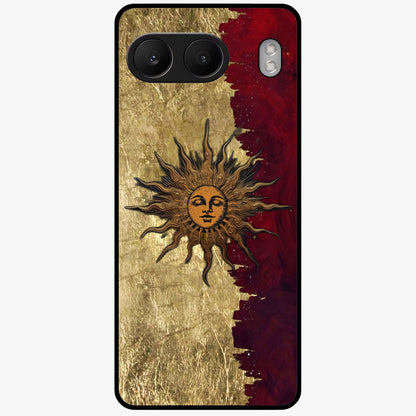 Crimson Sun Majesty Glass Case for 1+Nord 4 radiant front view featuring glowing sun artwork in deep red hues