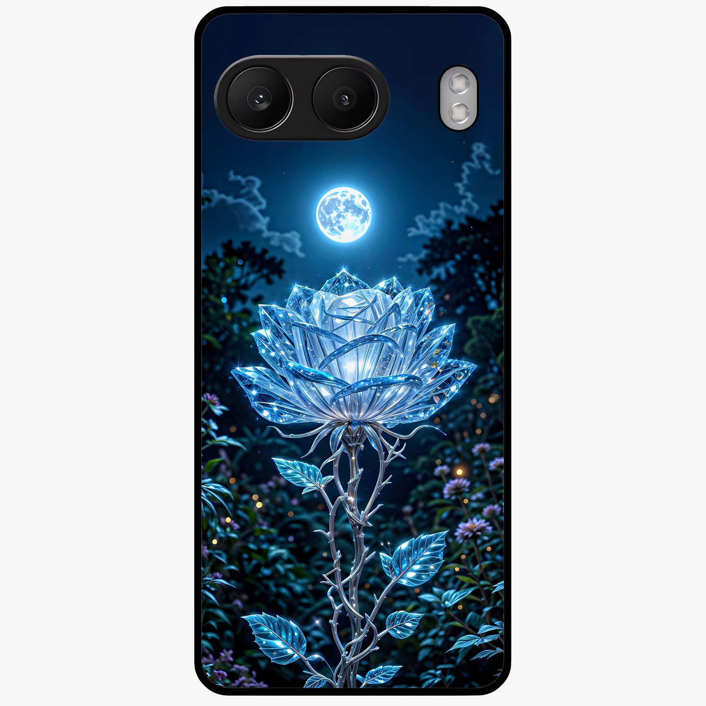 Crystal Moon Lotus Glass Case for 1+Nord 4 serene front view featuring glowing lotus artwork under crystal moonlight