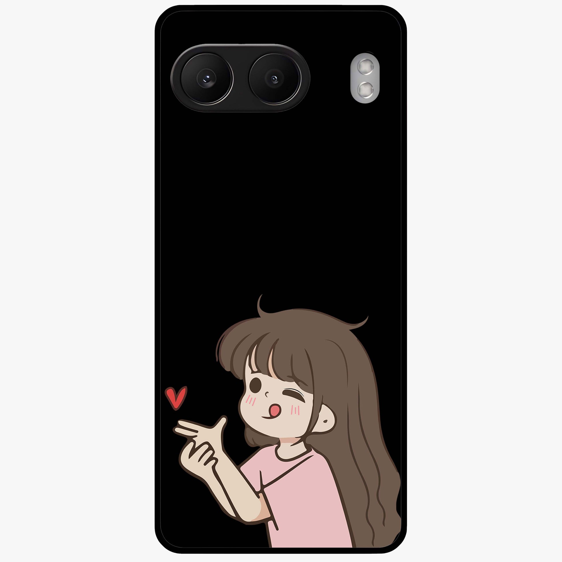 Cute Girl Firing Heart Glass Case for 1+Nord 4 charming front view featuring animated heart themed artwork