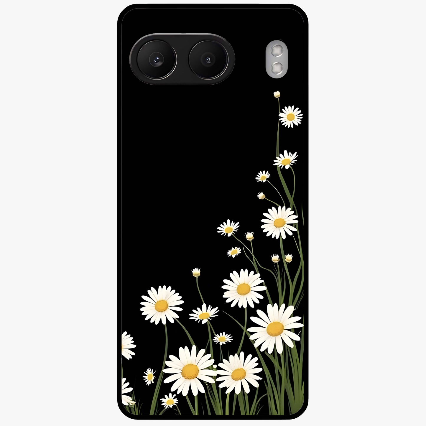 Daisy Cascade on Black Glass Case for 1+Nord 4 elegant front view featuring white daisy artwork on deep black background
