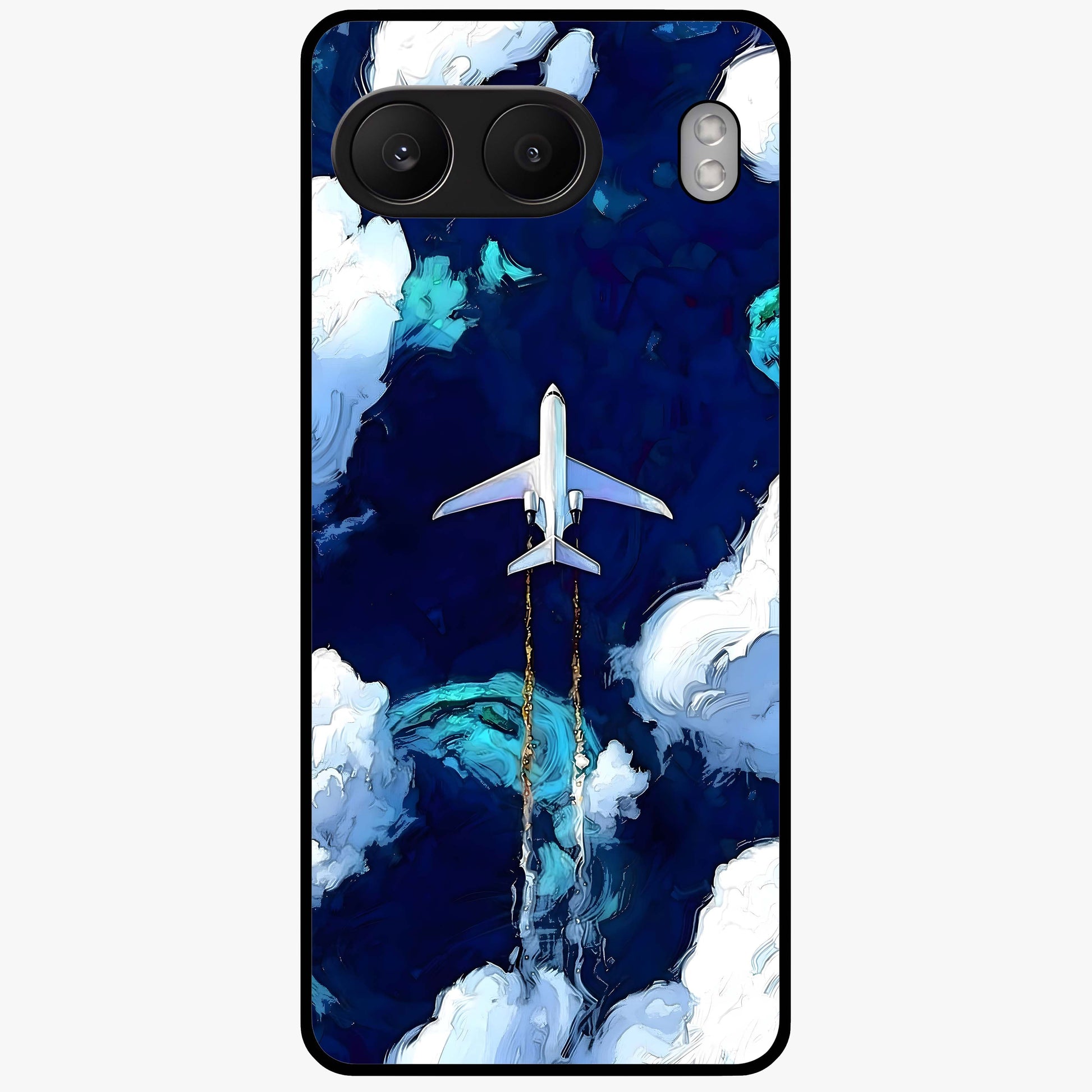 Dark Airplane Glass Case for 1+Nord 4 bold front view featuring airplane silhouette artwork on dark background