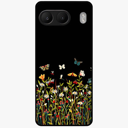 Dark Bloom Wonderland Custom Name Glass Case for 1+Nord 4 striking front view featuring dark floral artwork with personalized name design
