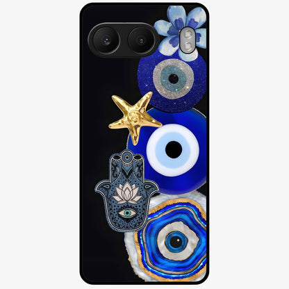 Divine Eye Bloom Glass Case for 1+Nord 4 artistic front view featuring floral evil eye inspired artwork