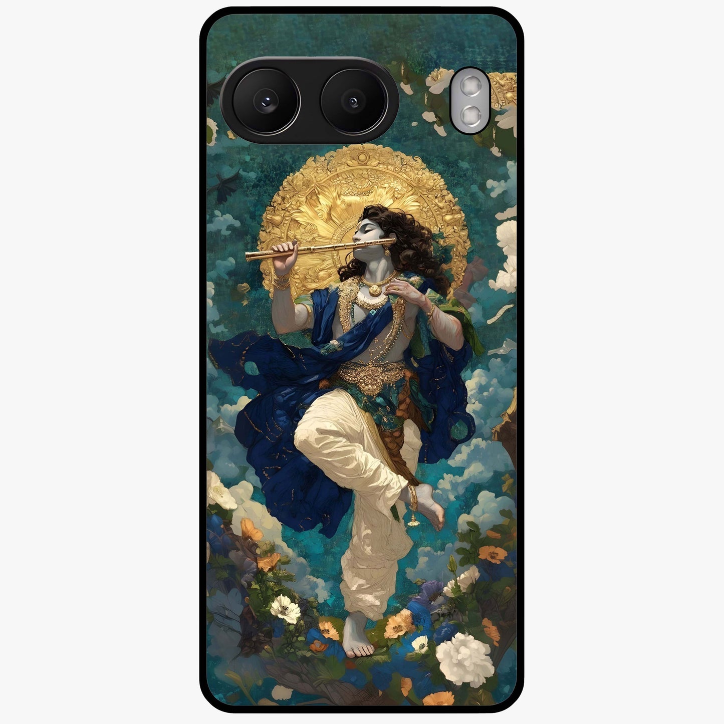 Divine Krishna Art Glass Case for 1+Nord 4 devotional front view featuring detailed Krishna artwork
