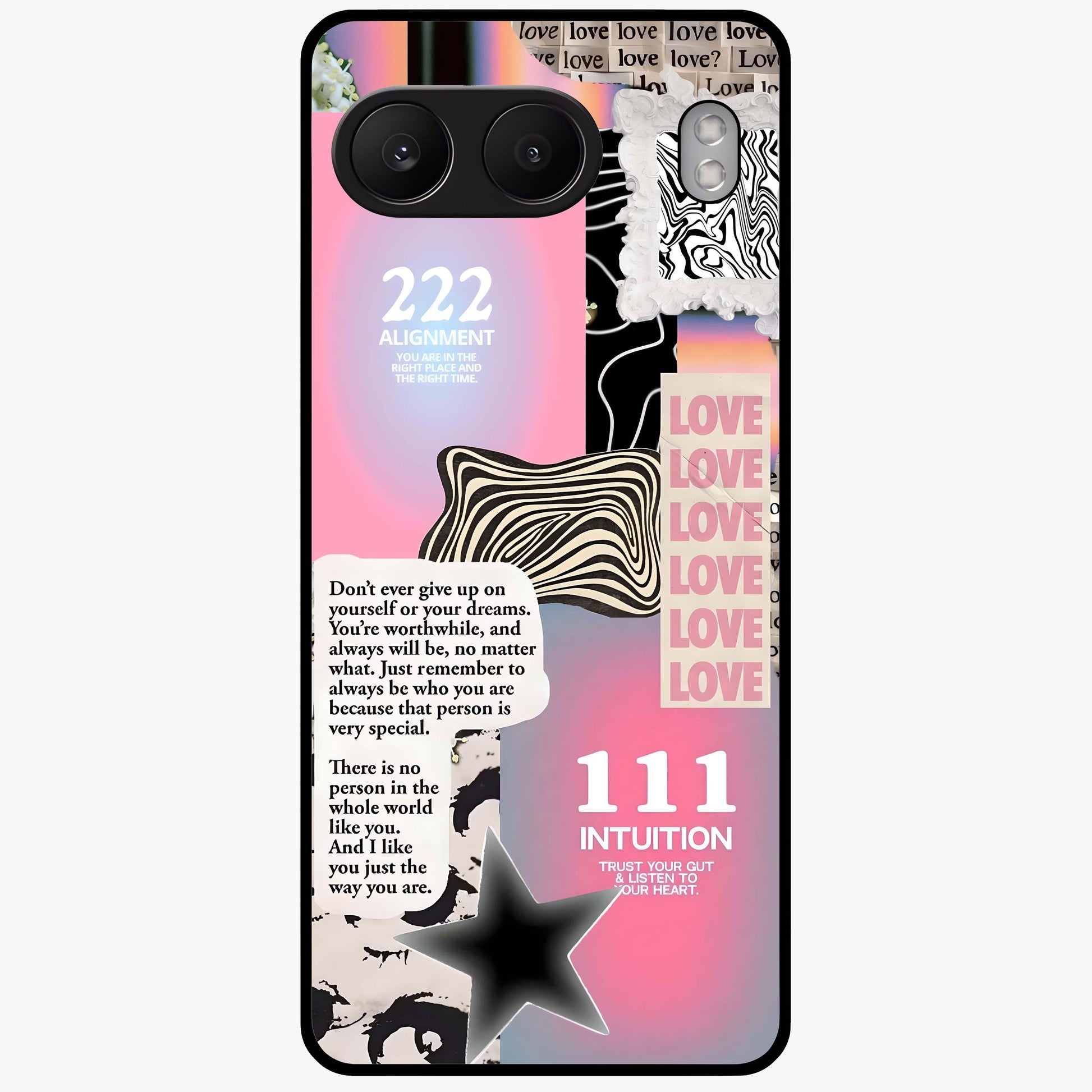 Divine Love Vibes Glass Case for 1+Nord 4 soft front view featuring romantic artistic typography design