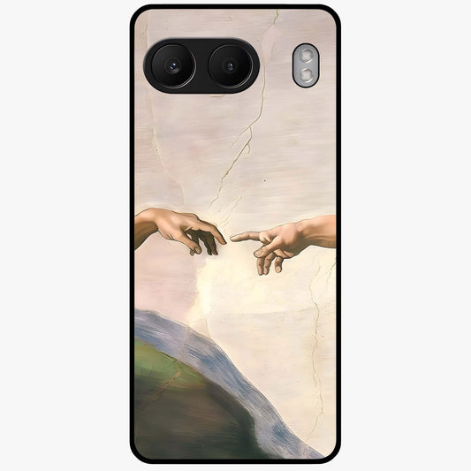 Divine Touch Art Glass Case for 1+Nord 4 artistic front view featuring expressive spiritual inspired artwork