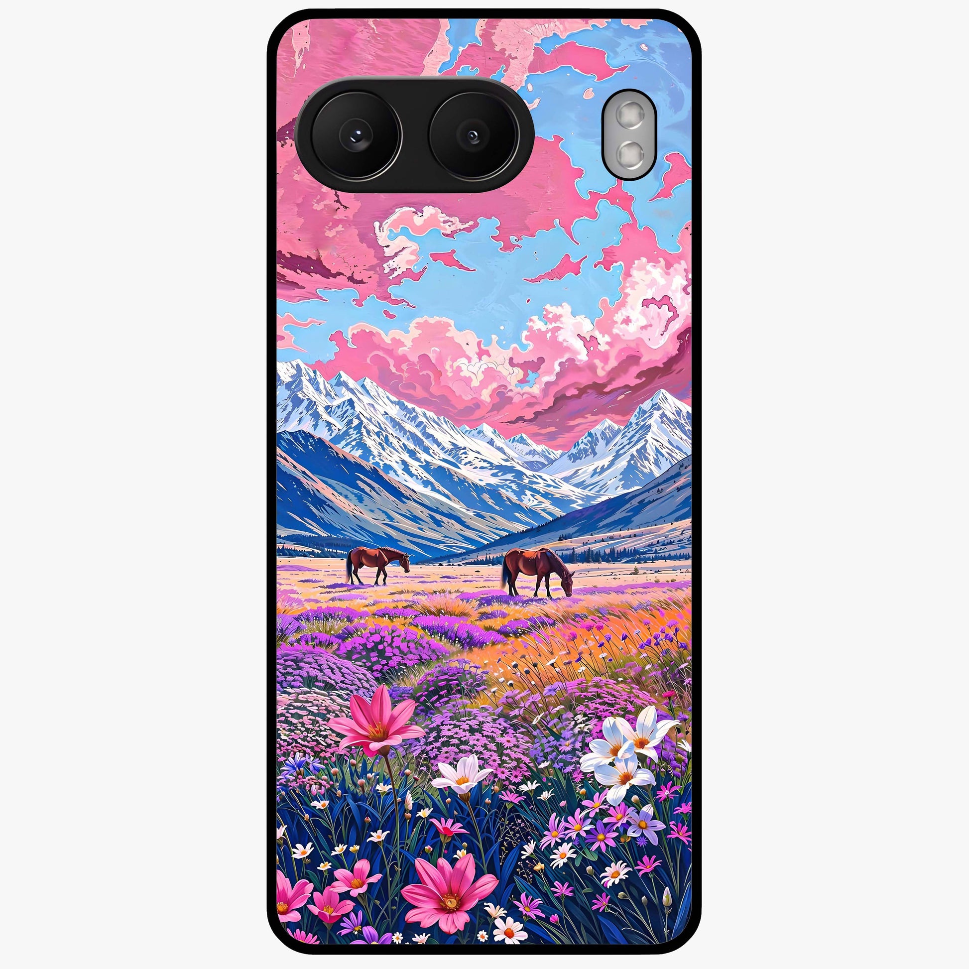Dreamy Floral Pastures Glass Case for 1+Nord 4 soft front view featuring pastel floral meadow artwork